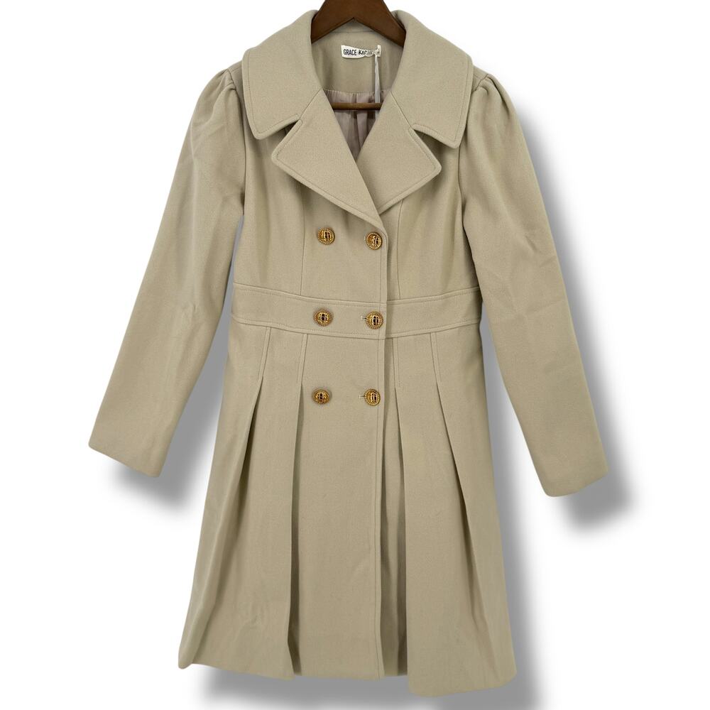 Grace Karin Notch Lapel Double Breasted Trench Coat Size Small Beige